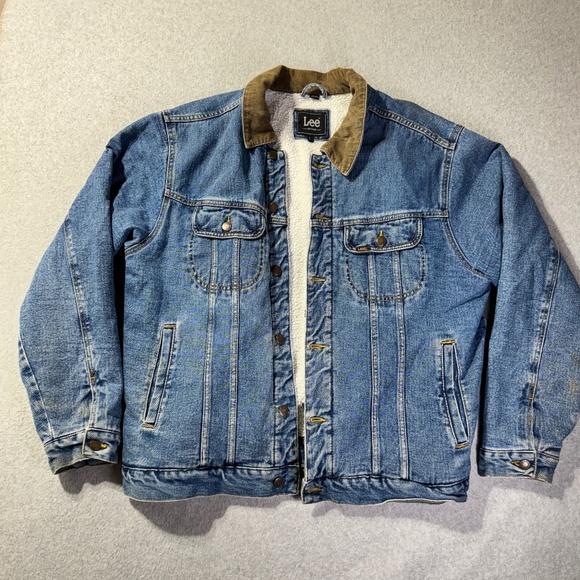 Lee Denim Jacket Mens L Faux Fur Linen Collared Jean Pockets Warm Button Up - Picture 1 of 10